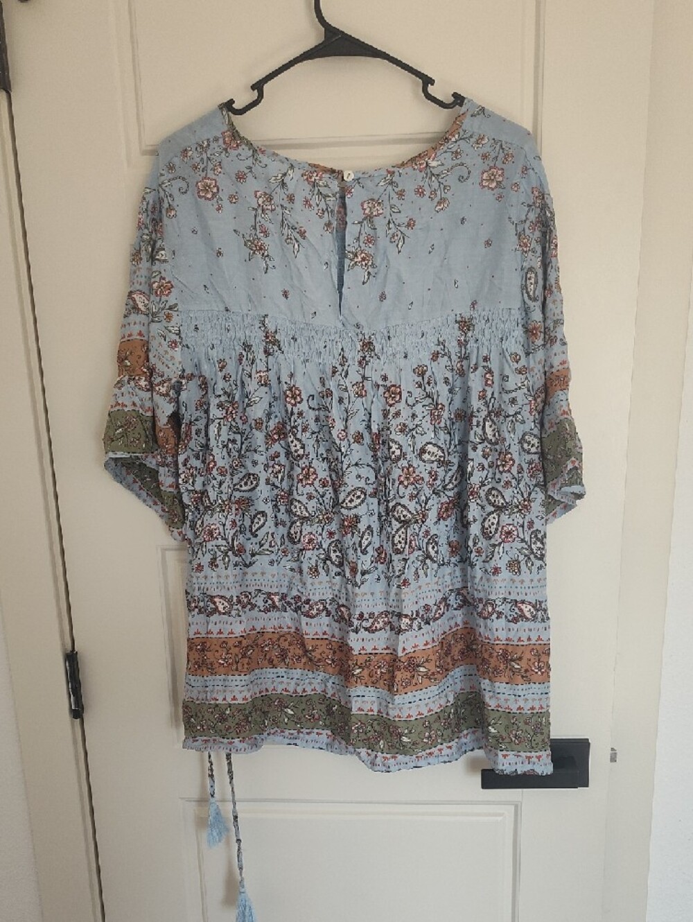 Light Blue Floral Smocked Boho Tunic with Border Trim - Picture 3 of 7